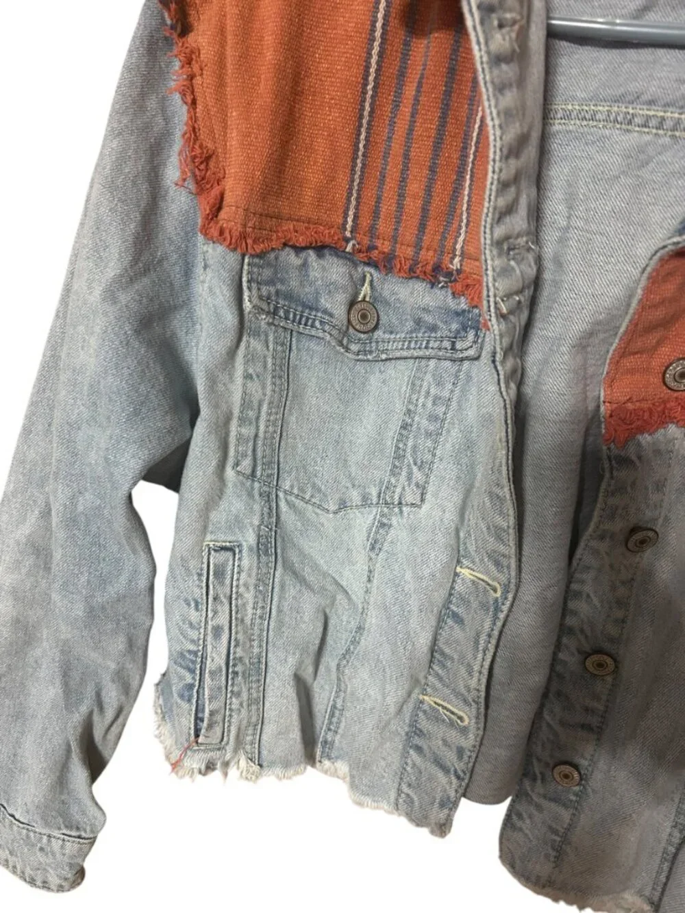 Free People Hooded Denim Jacket Rust Stripe Raw Hem Cropped XS